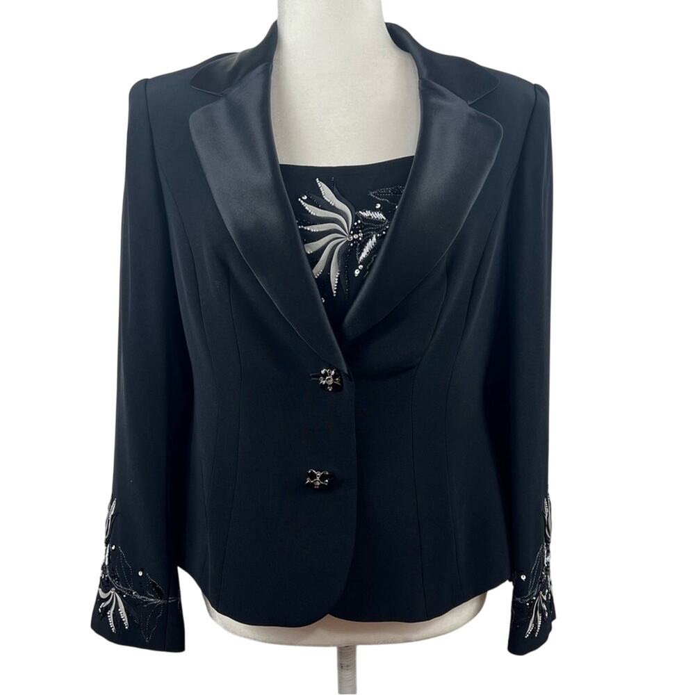 2 Pc Vintage Black Textured Floral Sequin Beaded My Ferry Top & Blazer Size 10